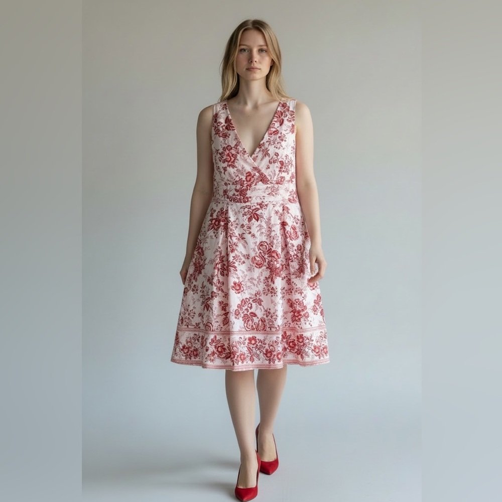 BEAUTIFUL RED & WHITE FLORAL V-NECK SPRING SWING MIDI DRESS GOOD COND 22W